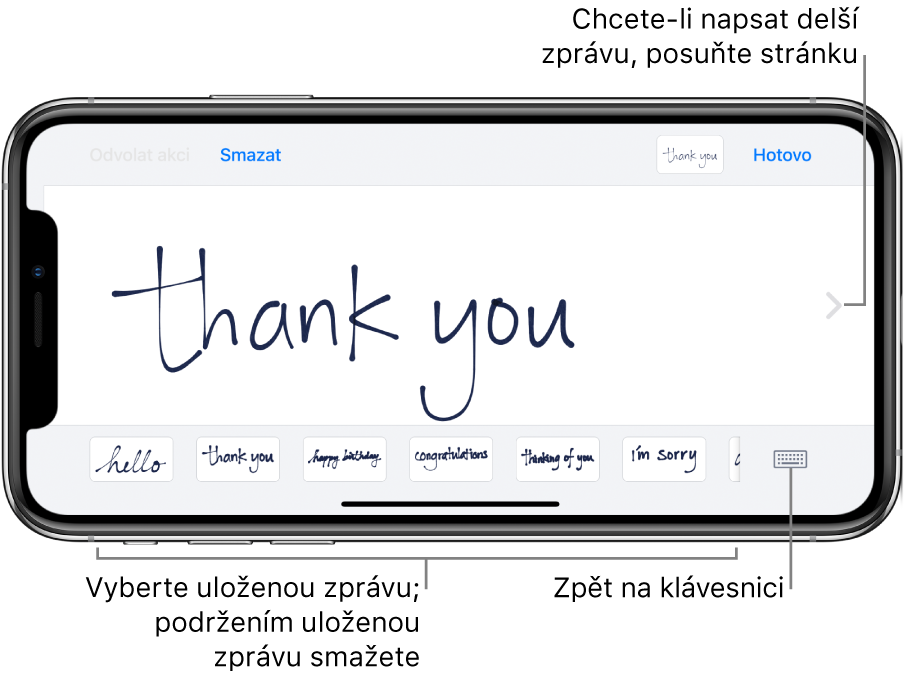 Obrazovka pro ruční psaní s ručně napsanou zprávou. Dole jsou zleva doprava rozmístěny uložené zprávy a tlačítko Zobrazit klávesnici.