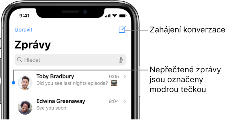 Seznam Zprávy s tlačítkem Upravit vlevo nahoře a tlačítkem Sestavit vpravo nahoře. Nepřečtené zprávy jsou označeny modrou tečkou vlevo od zprávy.