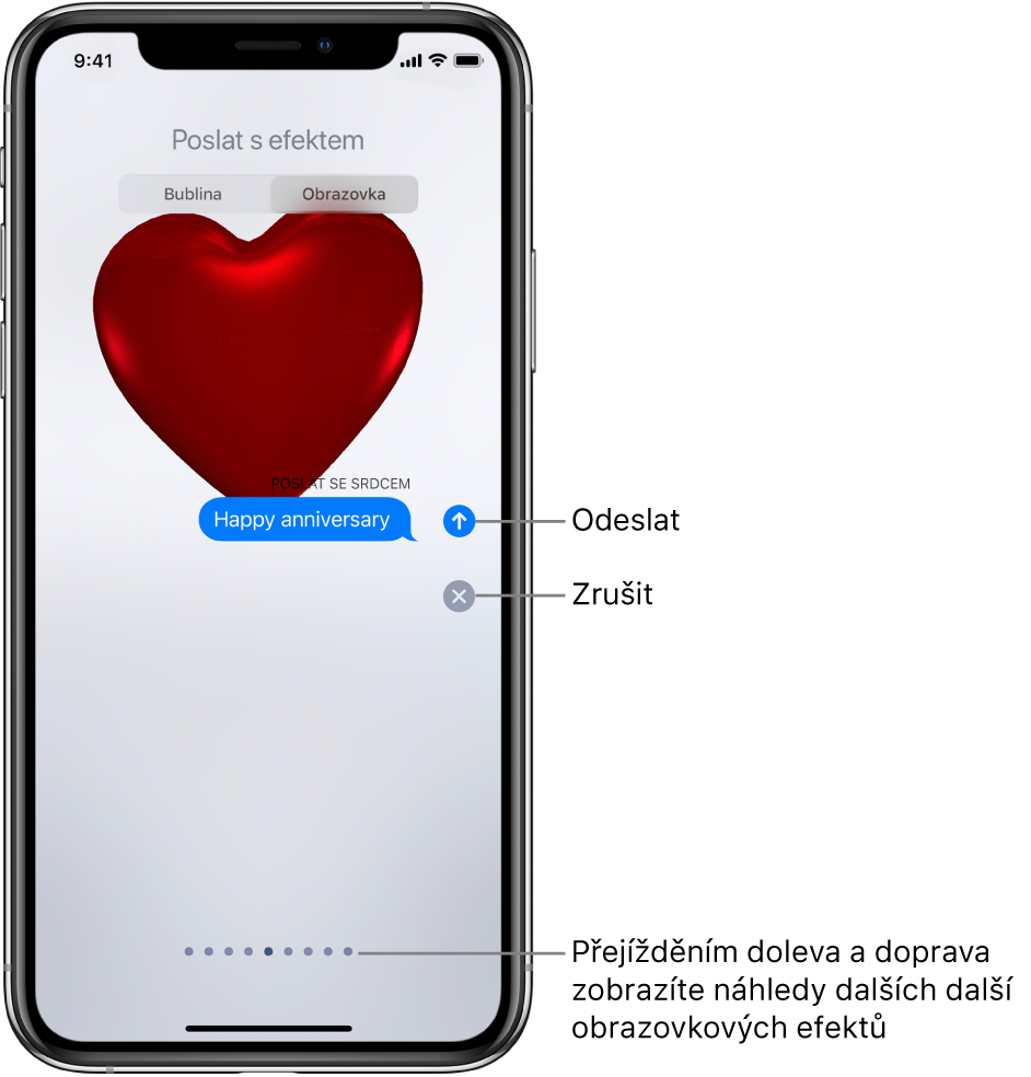Náhled zprávy s celoobrazovkovým efektem s červeným srdcem