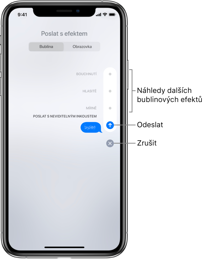 Náhled zprávy s efektem neviditelného inkoustu. Klepnutím na ovládací prvky po pravé straně můžete zobrazit náhled dalších bublinových efektů. Dalším klepnutím na stejný ovládací prvek efekt odešlete; klepnutím na tlačítko Zrušit dole se vrátíte ke zprávě