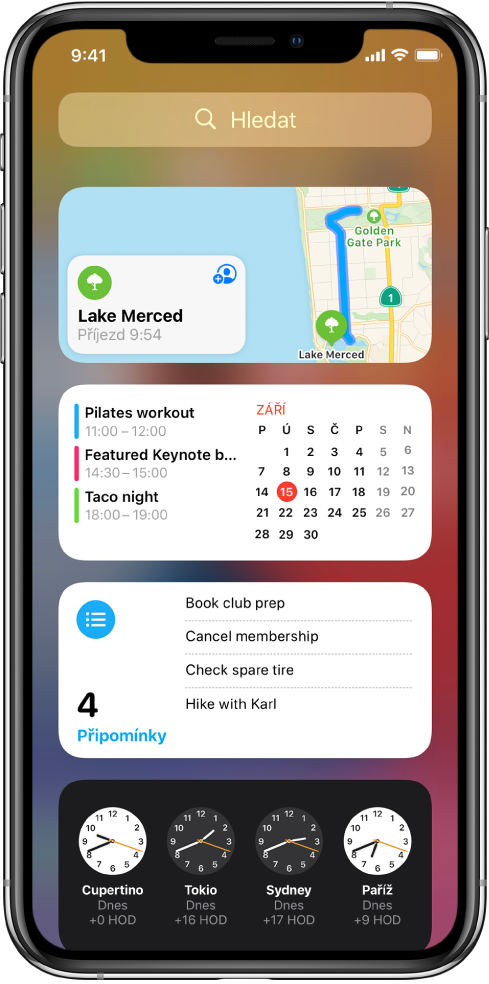 Widgety zobrazení dnešního dne na iPhonu – Mapy, Kalendář, Připomínky a Hodiny
