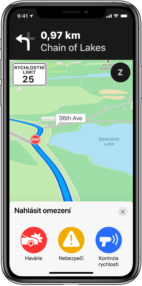 Mapa s kartou „Nahlásit omezení“ v dolní části obrazovky. Na kartě trasy se zobrazují tlačítka Nehoda, Nebezpečí a Kontrola rychlosti.