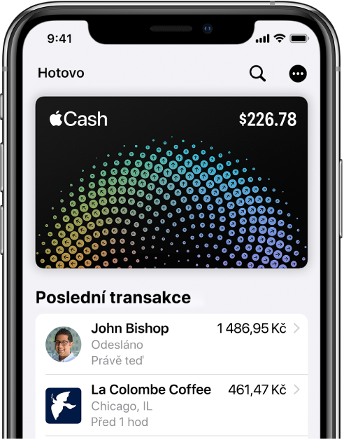 Karta Apple Cash ve Walletu s tlačítkem Více vpravo nahoře a s přehledem posledních transakcí pod kartou