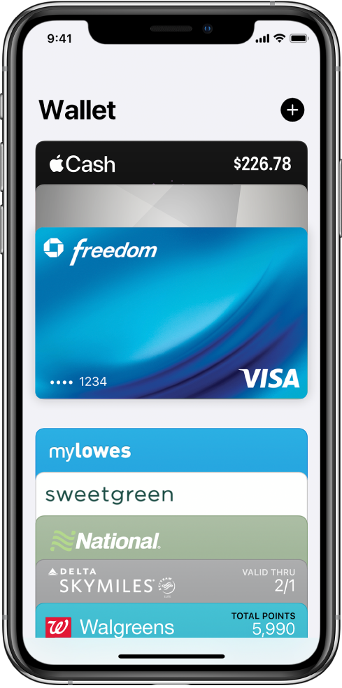 Obrazovka Walletu s horními částmi několika kreditních a debetních karet a lístků