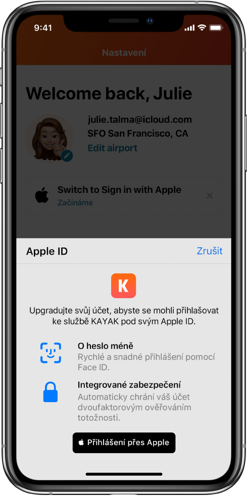 Aplikace se zobrazeným tlačítkem Přihlásit se přes Apple