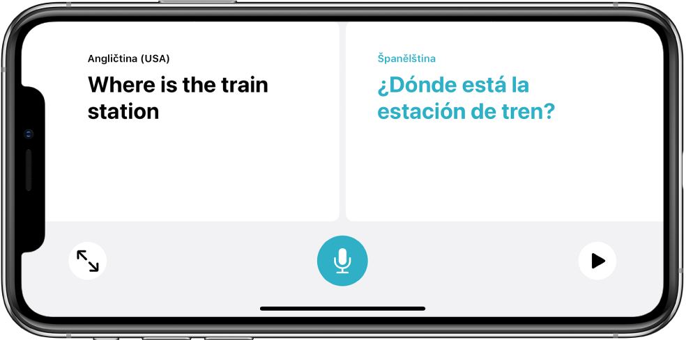 iPhone otočený na šířku se zobrazenou anglickou frází nalevo a španělským překladem na pravé straně.