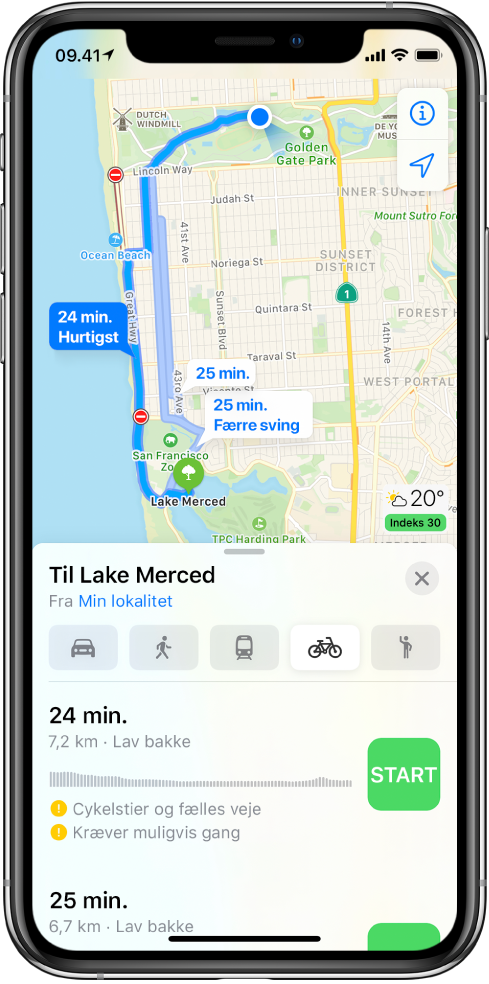 Et kort, der viser flere cykelruter. Ruteoplysningerne nederst viser detaljer om ruterne, herunder anslået tid, ændringer i højde og vejenes type. Knappen Start vises ud for hver valgmulighed i ruteoplysningerne.