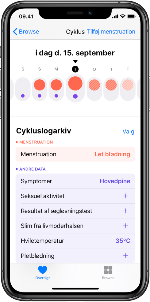 Skærmen Menstruationscyklus i appen Sundhed.