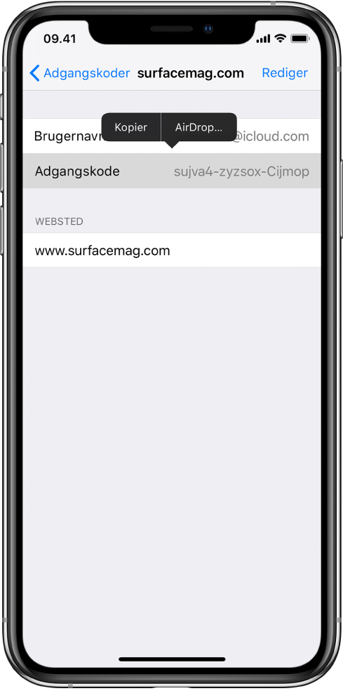 Et websteds kontoskærm. Adgangskodesektionen er valgt, og der vises en menu ovenover, som indeholder elementerne Kopier og AirDrop.