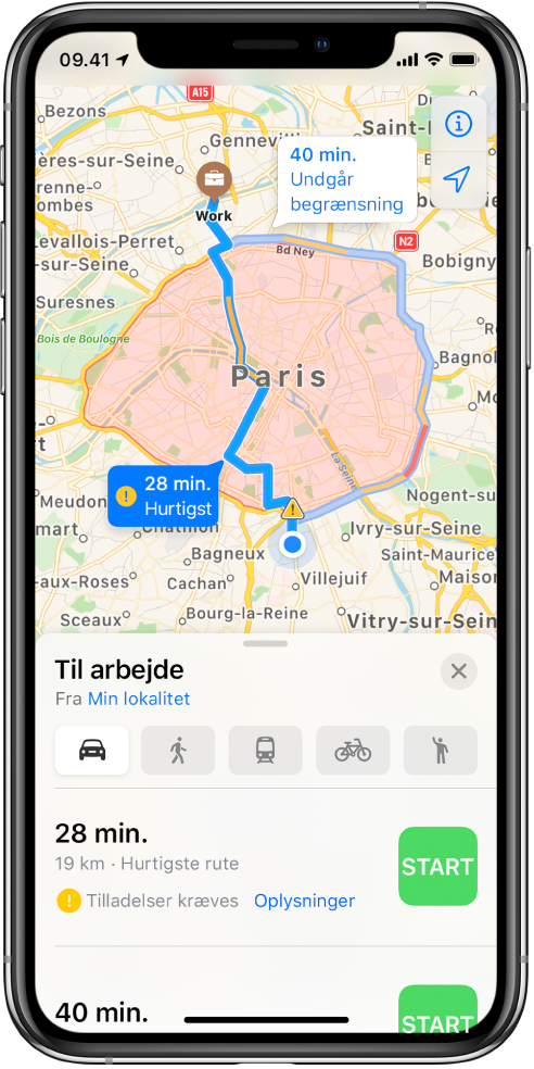 Et vejkort med Paris i midten, der viser en hurtig rute direkte gennem byen og en langsommere rute uden om byen, som undgår den værste trafik.