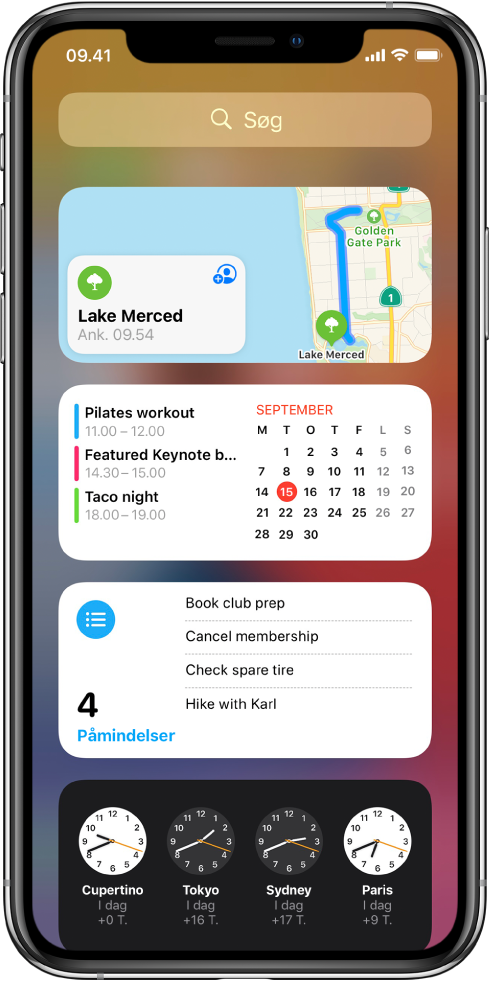 Widgets af typen Dagsoversigt på iPhone, herunder Kort, Kalender, Påmindelser og Ur.