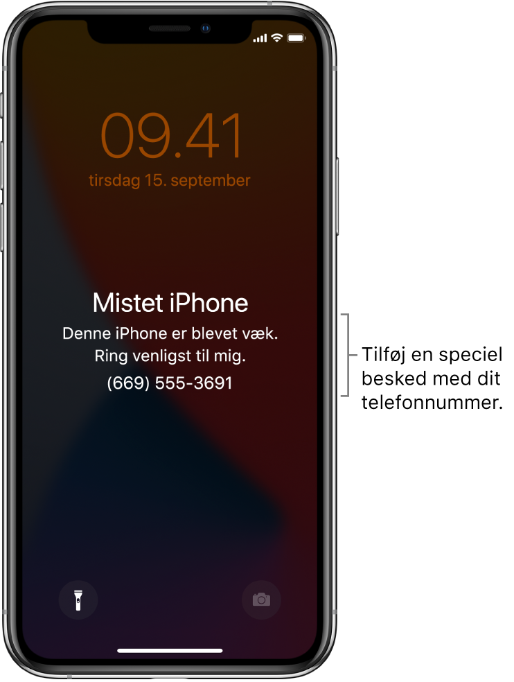 En iPhones låste skærm med beskeden: “Mistet iPhone. Denne iPhone er blevet væk. Ring venligst til mig. (669) 555-3691”. Du kan tilføje din egen besked med dit telefonnummer.