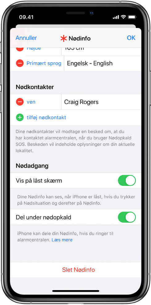 En Nødinfo-skærm Nederst ses indstillingerne til visning af dine oplysninger i Nødinfo, når iPhone-skærmen er låst, og når du foretager et nødopkald.