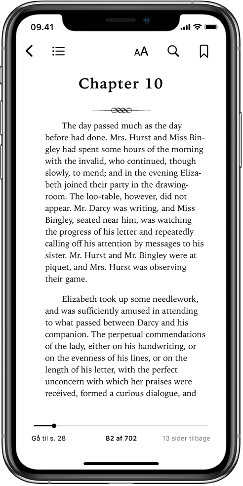 En side i en bog, der er åben i appen Bøger, med knapper øverst på skærmen, som fra venstre mod højre bruges til at lukke bogen, se indholdsfortegnelsen, ændre teksten, søge og oprette bogmærker. Der findes et mærke nederst på skærmen.