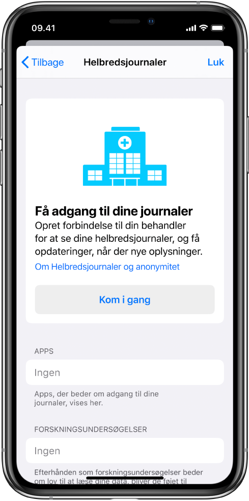 Skærmen Kom i gang til overførsel af helbredsjournaler.