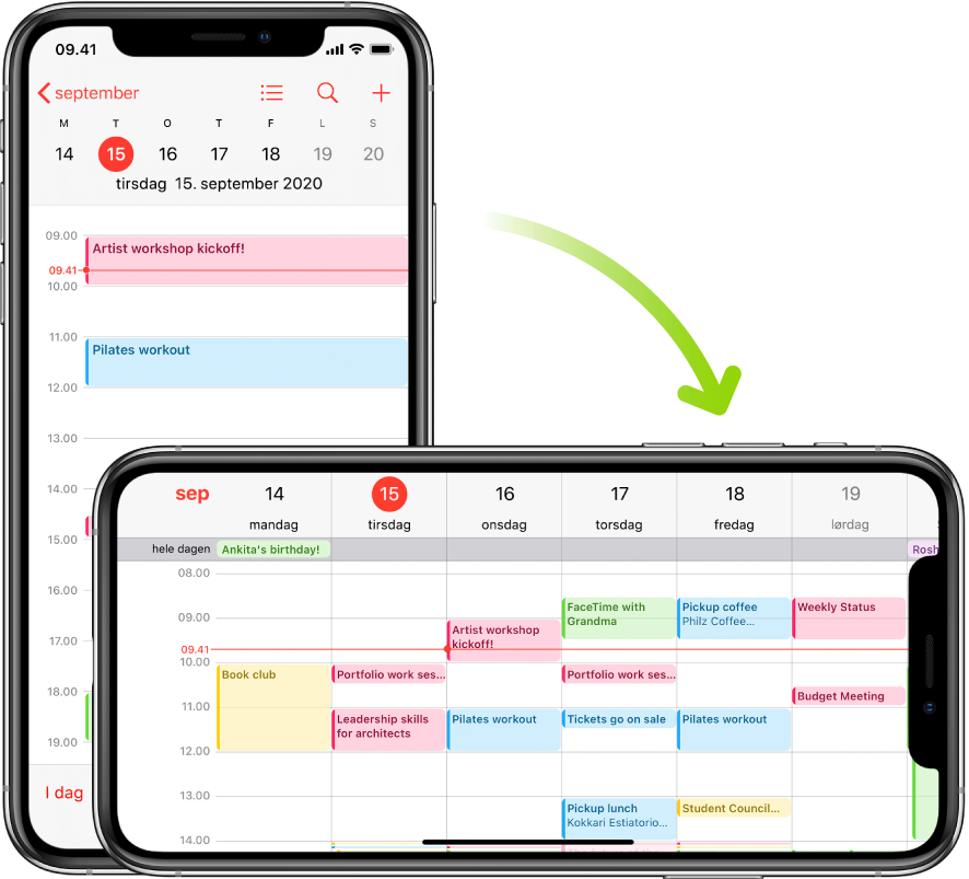 I baggrunden viser iPhone en Kalender-skærm, som viser en dags begivenheder i stående format. I forgrunden er iPhone vendt om på siden, så der vises Kalender-begivenhederne for hele den uge, der indeholder den pågældende dag.