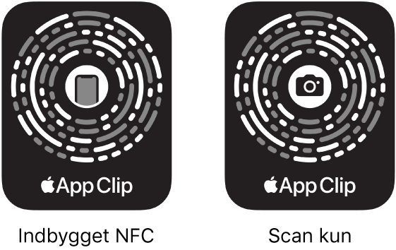 Til venstre er der en appklipkode integreret i et NFC-mærke med et symbol for iPhone i midten. Til højre er der en appklipkode kun til scanning med et kamerasymbol i midten.