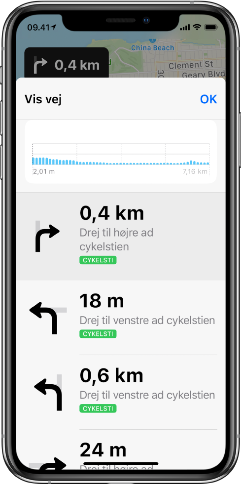 En liste med drejeinstruktioner til en cykelrute.