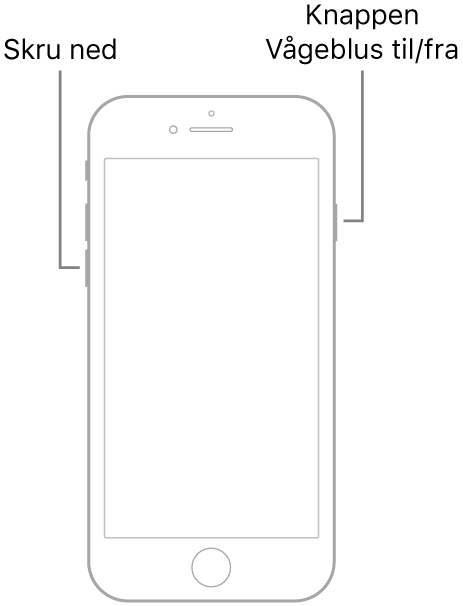 En illustration af iPhone 7 med skærmen opad. Knappen Lydstyrke ned vises på venstre side af enheden, og knappen Vågeblus til/fra vises på højre side.