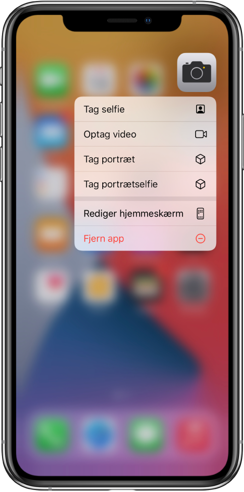 Hjemmeskærmen er sløret, og menuen med hurtige kommandoer til Kamera vises under appen Kamera.