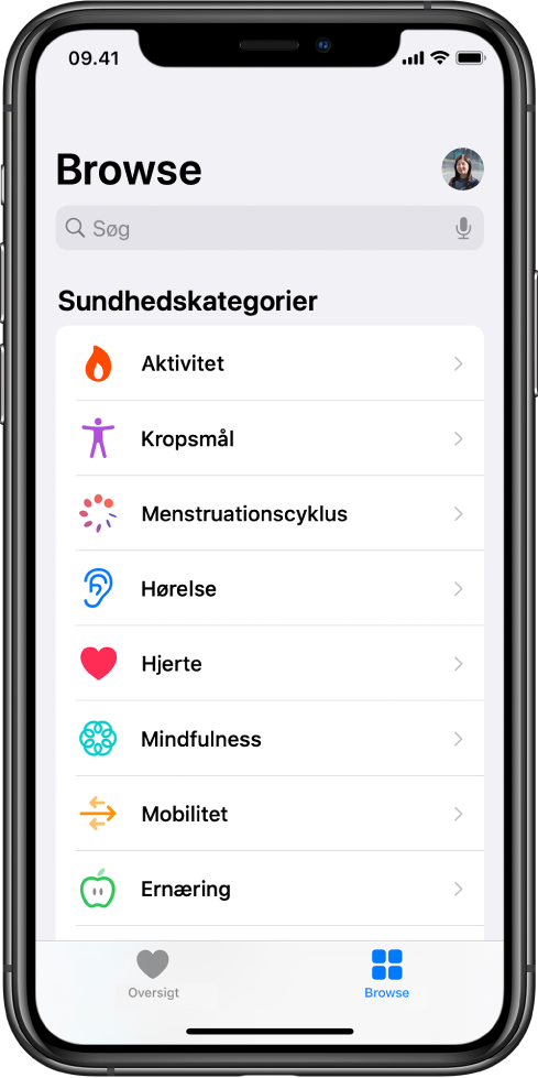 Skærmen Helbredskategorier i appen Sundhed.