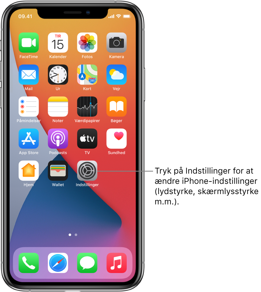 Hjemmeskærmen med adskillige symboler, herunder symbolet for appen Indstillinger, som du kan trykke på for at ændre lydstyrken, skærmens lysstyrke m.m. på iPhone.