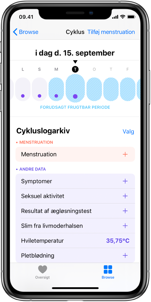 Skærmen Menstruationscyklus, der viser tidslinjen med en uge øverst på skærmen. De første fire dage på tidslinjen er markeret med lilla cirkler, mens de sidste fem dage er lyseblå. Under tidslinjen er det muligt at tilføje oplysninger om menstruationer, symptomer og andet.