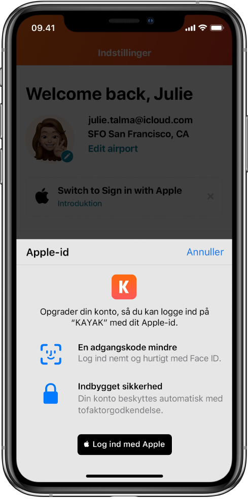 En app, der viser knappen Log ind med Apple.