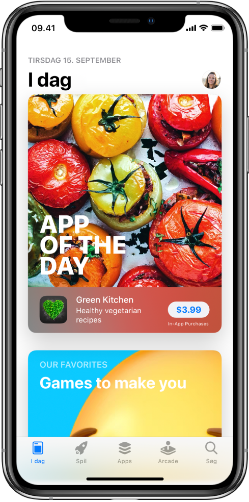 Skærmen I dag i App Store, der viser en udvalgt app. Dit profilbillede, som du trykker på for at se dine køb og administrere abonnementer, er placeret øverst til højre. Langs med bunden af skærmen vises fra venstre mod højre fanerne I dag, Spil, Apps og Søg.