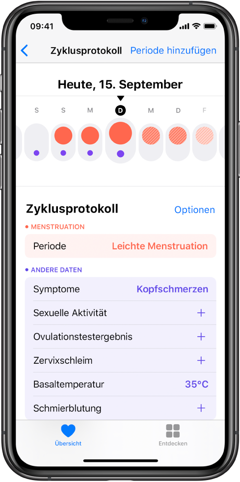Der Bildschirm „Zyklusprotokoll“ in der App „Health“.
