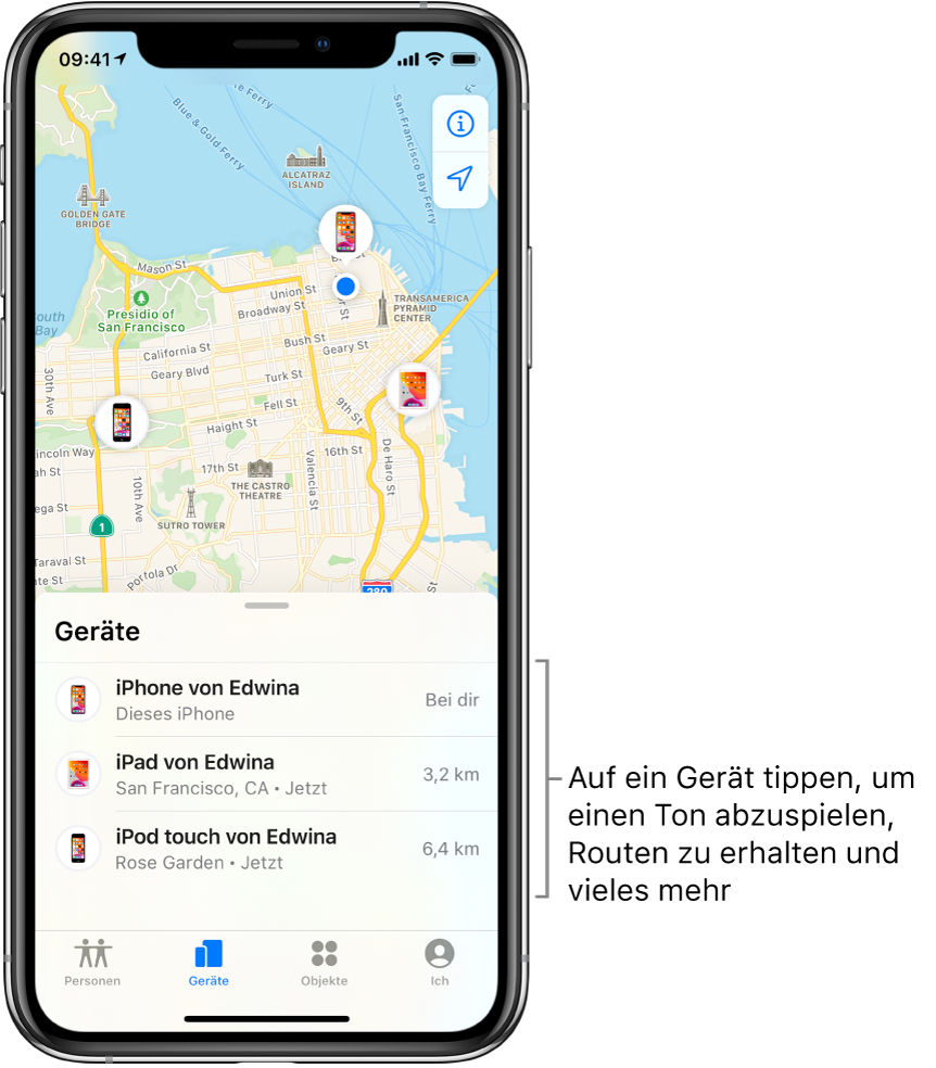 Die App „Wo ist?“ mit geöffnetem Tab „Geräte“. Die Liste „Geräte“ enthält drei Geräte: Edwinas iPhone, Edwinas iPad und Edwinas iPod touch. Ihre Standorte werden auf einer Karte von San Francisco angezeigt.