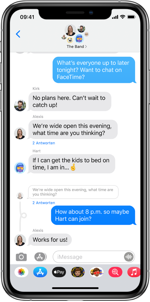 Eine Gruppenkonversation in der App „Nachrichten“ mit Antworten, die direkt in den Originaltext eingefügt sind.