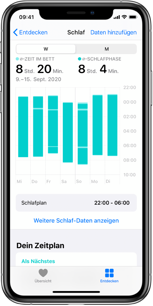 Der Bildschirm „Schlaf“ mit Schlafanalysedaten für eine Woche, einschließlich der durchschnittlich im Bett verbrachten Zeit, der durchschnittlichen Schlafdauer und einem Diagramm der täglich im Bett verbrachten Zeit und der täglichen Schlafdauer.