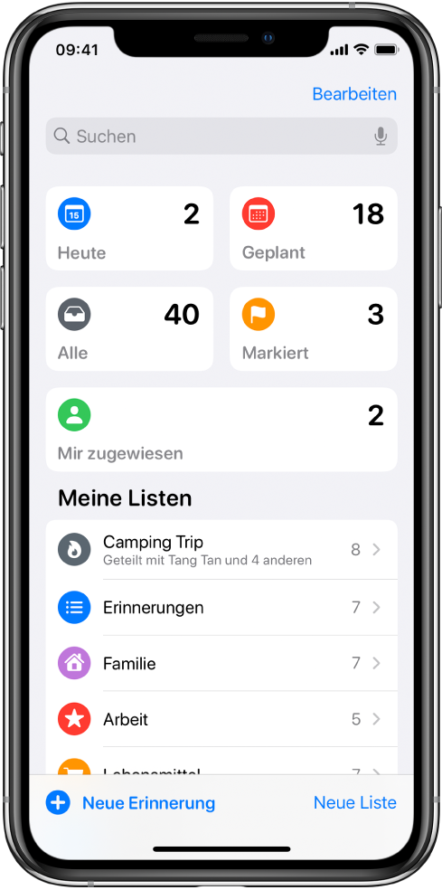 Ein Bildschirm der App „Erinnerungen“ mit verschiedenen Listen. Oben werden intelligente Listen angezeigt für heute fällige, geplante, alle und markierte Erinnerungen. Die Taste „Neue Liste“ befindet sich unten rechts.