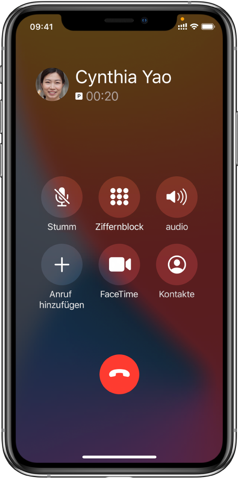 Die App „Telefon“ mit den während eines Telefonats verfügbaren Tasten und Optionen. Oben befinden sich von links nach rechts die Tasten „Stummschalten“, „Ziffernblock“ und „Lautsprecher“. Unten befinden sich von links nach rechts die Tasten „Anruf hinzufügen“, „FaceTime“ und „Kontakte“.