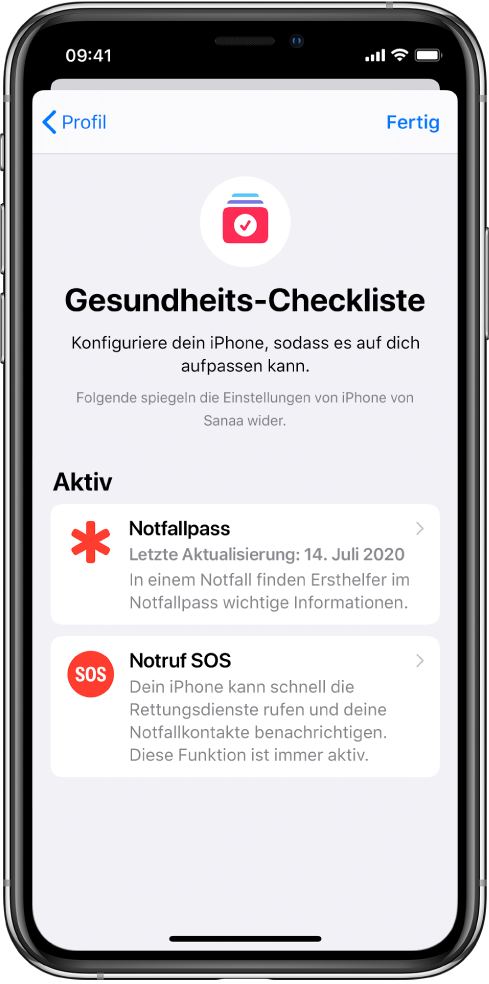 Der Bildschirm „Gesundheits-Checkliste“, auf dem „Notfallpass“ und „Notruf SOS“ als aktiv erkennbar sind.