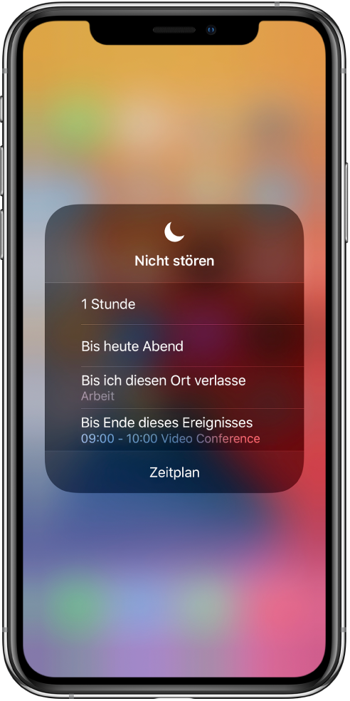 Der Bildschirm zum Festlegen der Zeitdauer für die Option „Nicht stören“. Die Optionen lauten „1 Stunde“, „Bis heute Abend“, „Bis ich diesen Ort verlasse“ und „Bis Ende dieses Ereignisses“.