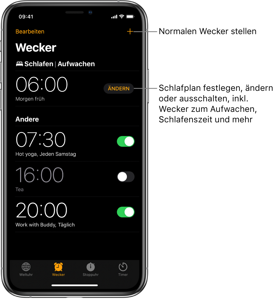 Der Tab „Wecker“ mit vier Weckern für unterschiedliche Uhrzeiten, oben rechts befindet sich die Taste zum Stellen eines regulären Weckers. Außerdem ist ein Wecker zum Aufwachen zu sehen mit einer Taste zum Ändern des Schlafplans in der App „Health“.