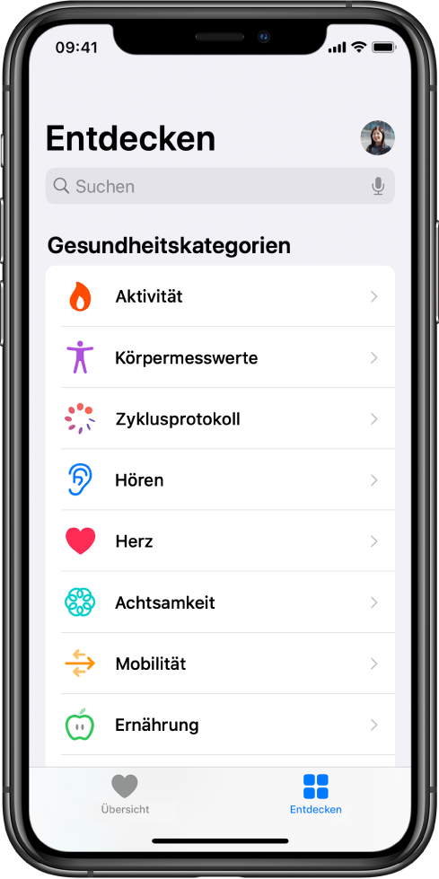 Der Bildschirm „Gesundheitskategorien“ in der App „Health“.