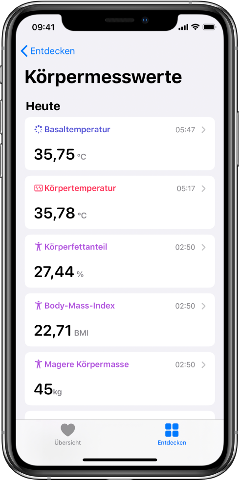 Ein Bildschirm mit Details der Kategorie „Körpermesswerte“.