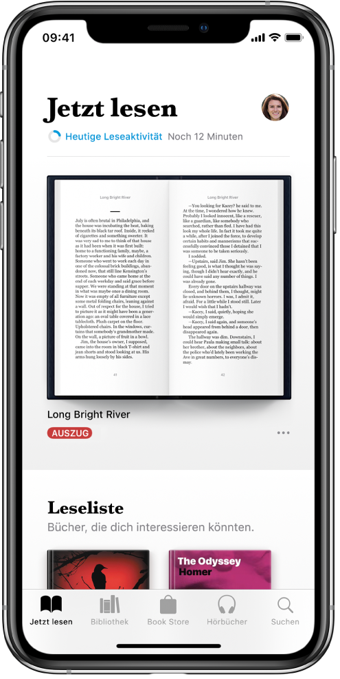 Der Bildschirm „Jetzt lesen“ in der App „Bücher“. Unten auf dem Bildschirm sind von links nach rechts die Tabs „Jetzt lesen“, „Bibliothek“, „Book Store“, „Hörbücher“ und „Suchen“ zu sehen.