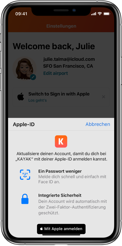 Eine App, in der die Taste „Mit Apple anmelden“ angezeigt wird.