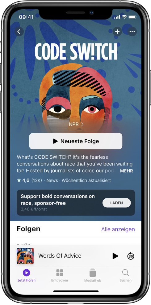 Der Bildschirm „Jetzt hören“ mit einem Podcast, für den eine Abonnementoption verfügbar ist.