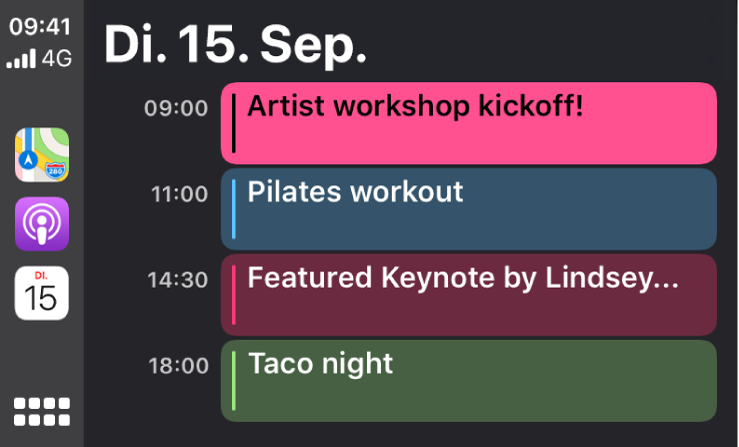Eine Kalenderansicht in CarPlay, die 4 Ereignisse für Dienstag, den 15. September zeigt.
