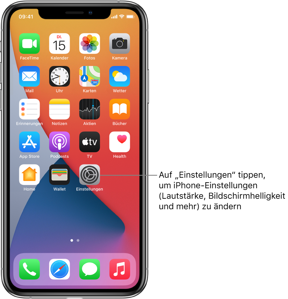 Der Home-Bildschirm mit mehreren App-Symbolen, unter anderem mit dem Symbol der App „Einstellungen“, in der du Einstellungen wie die Lautstärke und die Bildschirmhelligkeit für das iPhone ändern kannst.