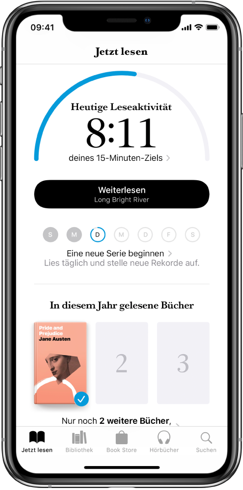 Der Abschnitt „Leseziel“ in „Jetzt lesen“. Der Lesezähler zeigt, dass 10 Minuten eines 20-minütigen Leseziels geschafft wurden. Unter dem Zähler befinden sich eine Taste zum Fortsetzen der Lektüre sowie Kreise, die die Wochentage von Sonntag bis Samstag anzeigen, und blaue Umrandungen um den Kreis geben den Lesefortschritt für diesen Tag an. Unten auf der Seite sind die Cover zu den in diesem Jahr gelesenen Büchern.