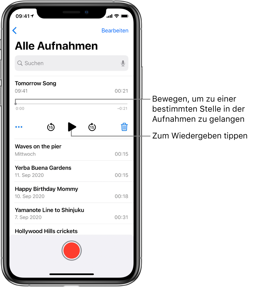 Der Bildschirm der App „Sprachmemos“ mit der Liste der Aufnahmen und der ausgewählten Aufnahme oben. In der Timeline der Aufnahme befindet sich die Abspielposition, die du zu einer bestimmten Stelle in deiner Aufnahme bewegen kannst. An den Enden der Timeline befinden sich die Anfangs- bzw. die Endzeit der Aufnahme. Unter der Timeline sind die Taste „Mehr“ zum Bearbeiten, Duplizieren oder Teilen einer Aufnahme, die Tasten zum Zurückspringen und zum Vorspringen um jeweils 15 Sekunden und die Taste „Löschen“ zu sehen. Ganz unten ist die Liste der weiteren Aufnahmen zu sehen, die durch Tippen geöffnet werden können.