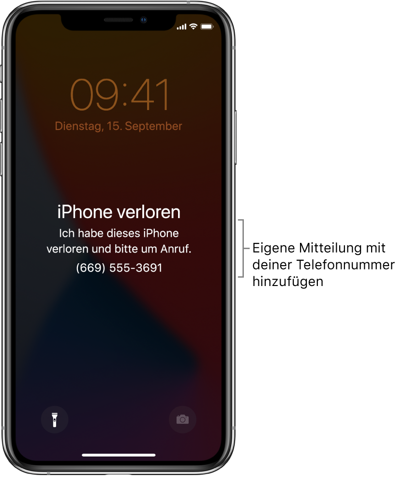 Ein iPhone-Sperrbildschirm mit der Nachricht: „iPhone verloren“. Ich habe dieses iPhone verloren und bitte um Anruf. (669) 555-3691.“ Du kannst eine eigene Nachricht mit deiner Telefonnummer hinzufügen.