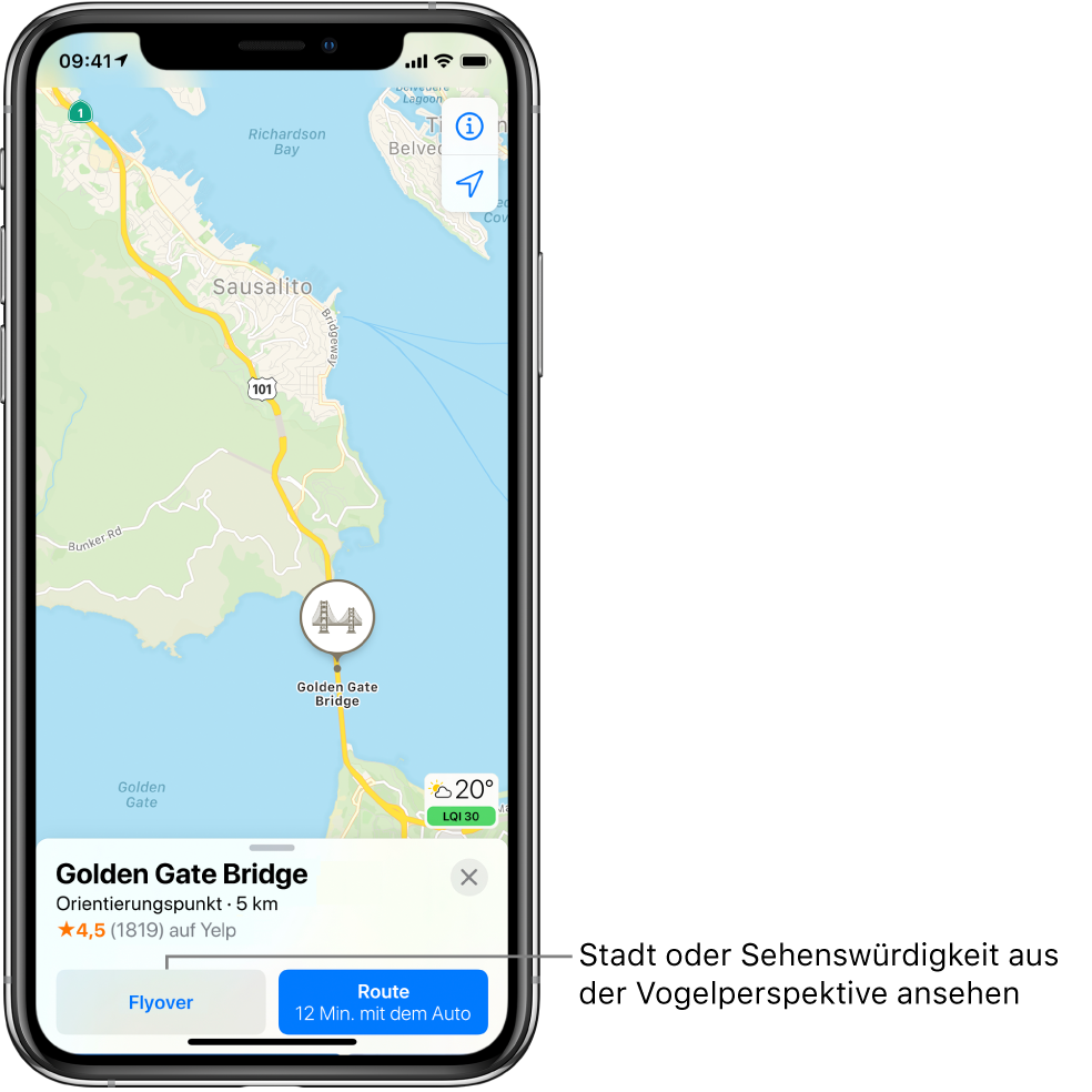 Eine Karte von San Francisco. Unten auf dem Bildschirm befindet sich eine Informationskarte für die Golden Gate Bridge mit einer Taste „Flyover“ links neben der Taste „Route“.