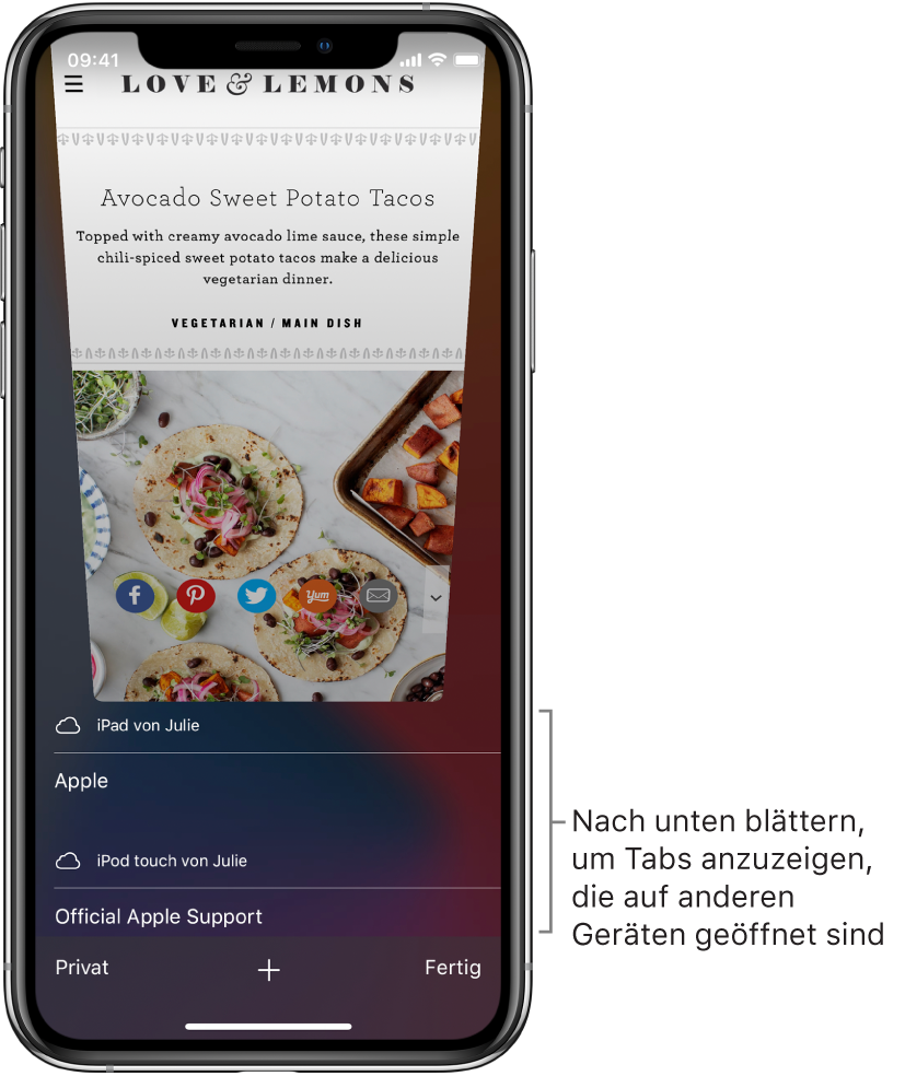 Ein Bildschirm mit den auf diesem Gerät geöffneten Tabs und der Liste der auf anderen Geräten geöffneten Tabs darunter.